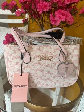 Juicy Couture Light Pink Logo Jacquard Shoulder Bag with Heart Charm